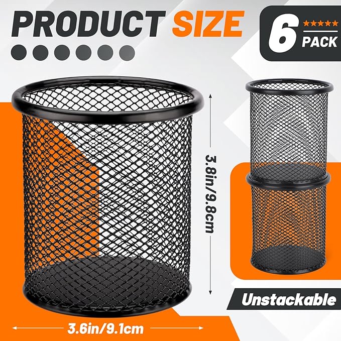Segarty Pen Holder, 6 Pack Round Black Pen Cup Holder for Desk, Wire Mesh Pencil Containers Set for Office Supplies, School Maker, Home Desktop Accessories Organizer, Makeup Brush