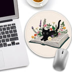 Book Black Cat Floral Flowers Mouse Pad, Small Round Mousepads for Desk, Mini Travel Mouse Mat for Wireless Computer Laptop, Work Office Desk Accessories, 8.6 x 8.6 inch