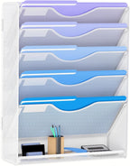 6 Tier Hanging File Organizer, Mesh Wall File Holder Paper Folder Rack with Bottom Flat Tray for Office Home, White