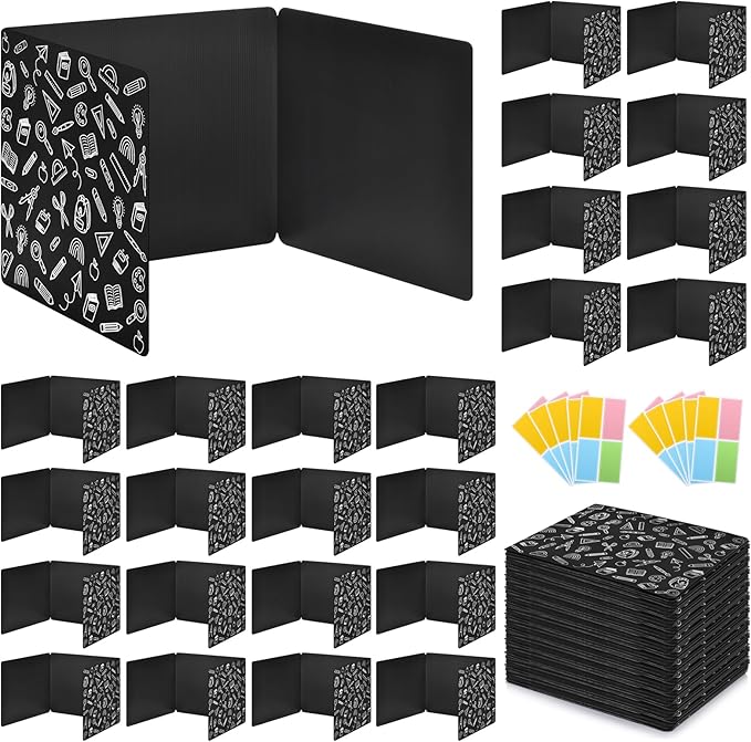 24 Pack Black Printing Privacy Floders for Student Desks - Durable Plastic Erasable - Testing Dividers for Classroom - Easy Clean Privacy Shields for Student - Includes Extra Labels