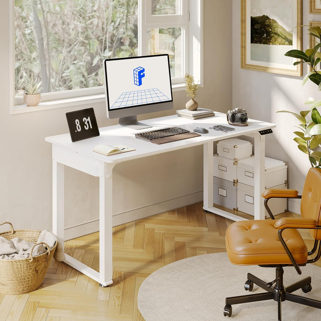 FLEXISPOT 4 Legs Standing Desk 55 x 28 Inch Electric Adjustable Height with Splice Board Home Office Sit Stand Up Desk, White Top + White Frame