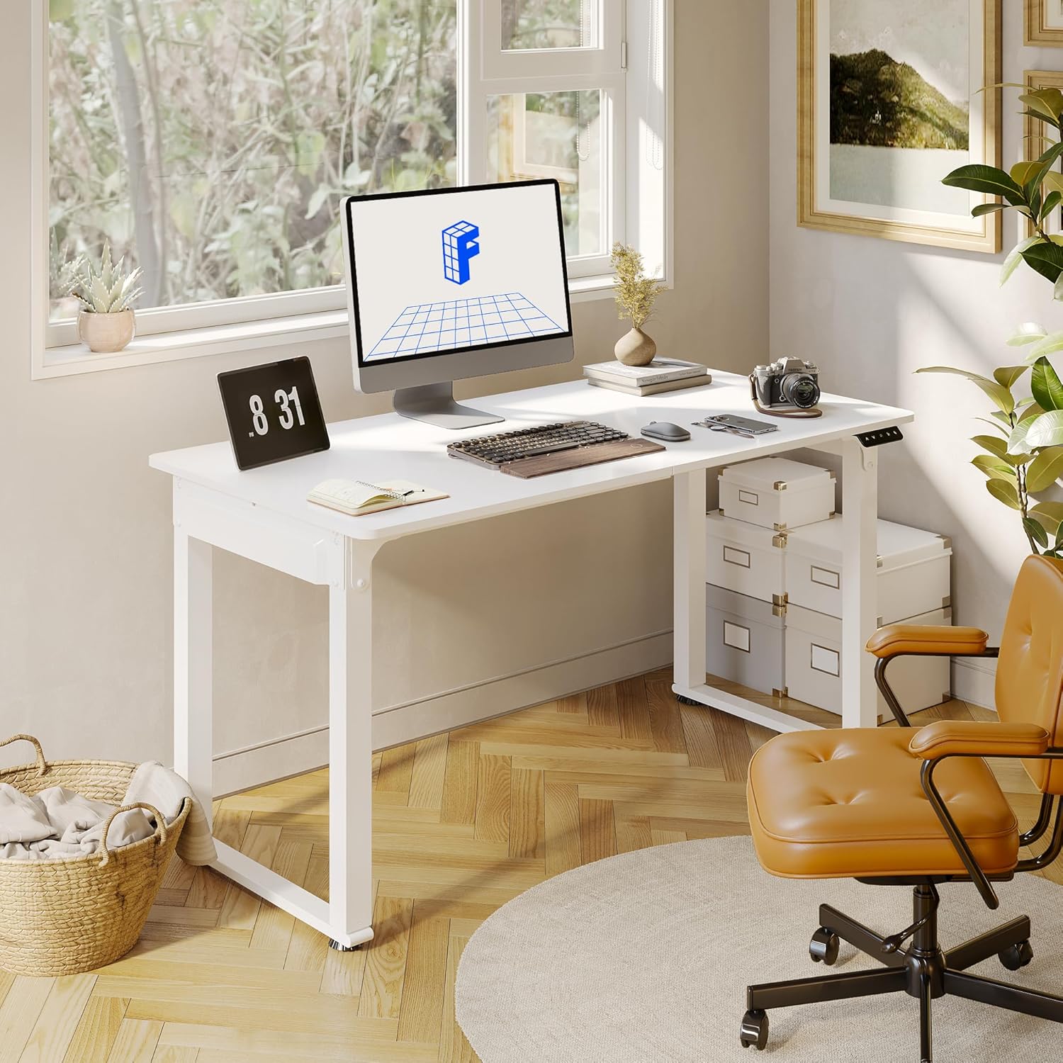 FLEXISPOT 4 Legs Standing Desk 55 x 28 Inch Electric Adjustable Height with Splice Board Home Office Sit Stand Up Desk, White Top + White Frame