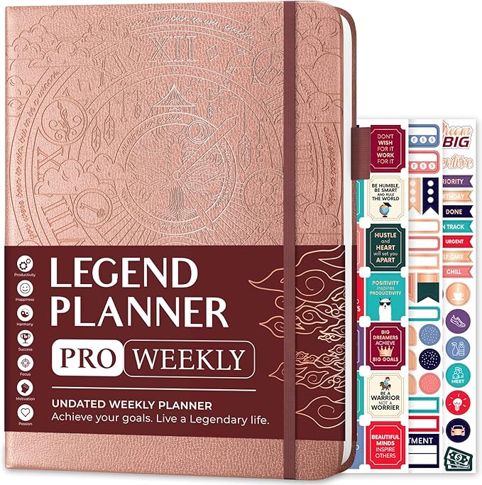 Legend Planner PRO – Deluxe Weekly & Monthly Life Planner to Increase Productivity and Hit Your Goals. Time Management Organizer Notebook – Undated – 7 x 10" Hardcover + Stickers – Rose Gold