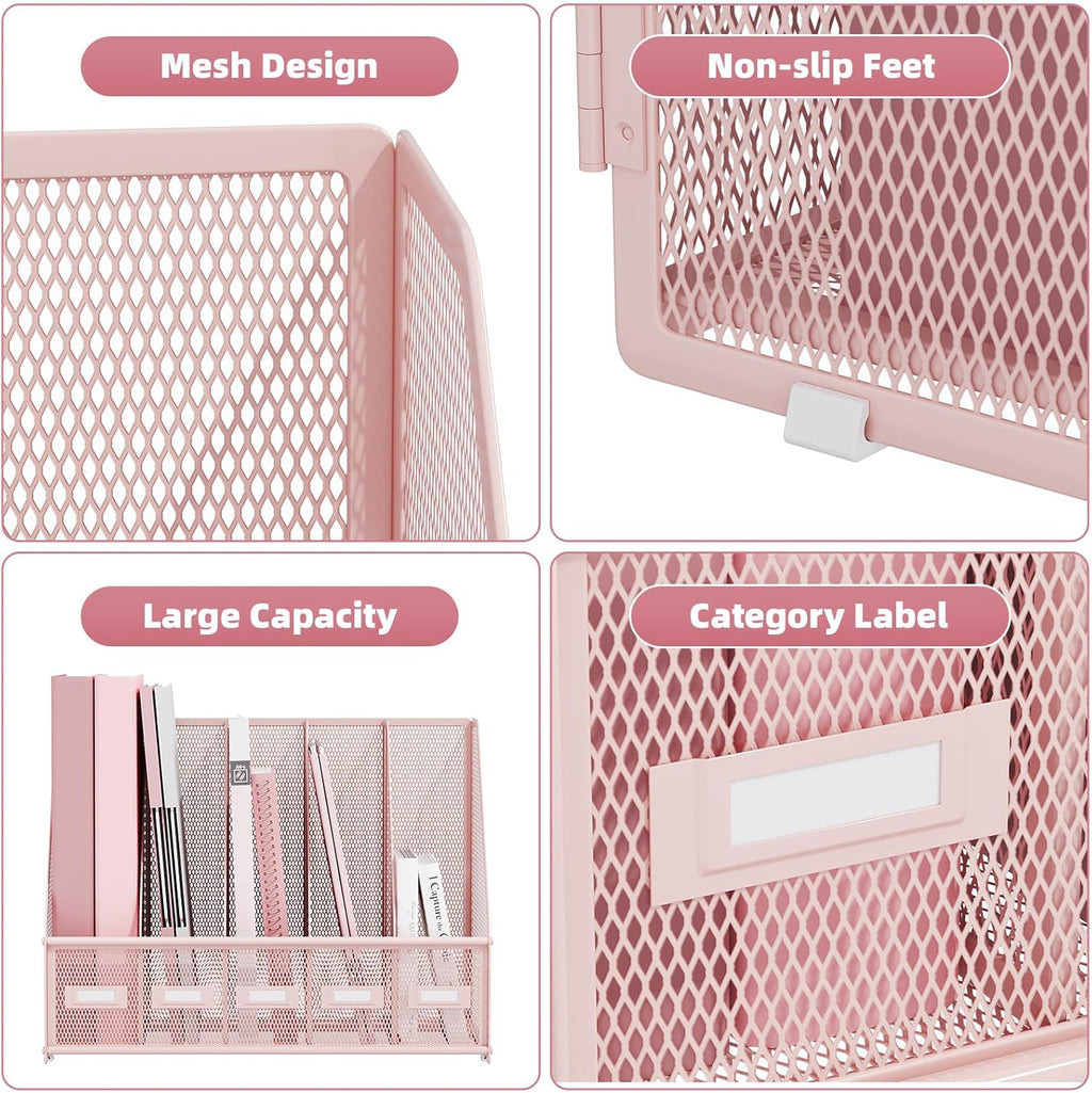 Marbrasse File Organizer for Desk,Desk File Organizer with 5 Vertical Compartments Mesh Magazine File Holder for Office School