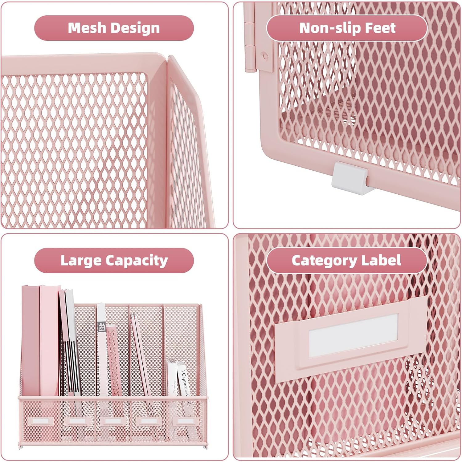 Marbrasse File Organizer for Desk,Desk File Organizer with 5 Vertical Compartments Mesh Magazine File Holder for Office School