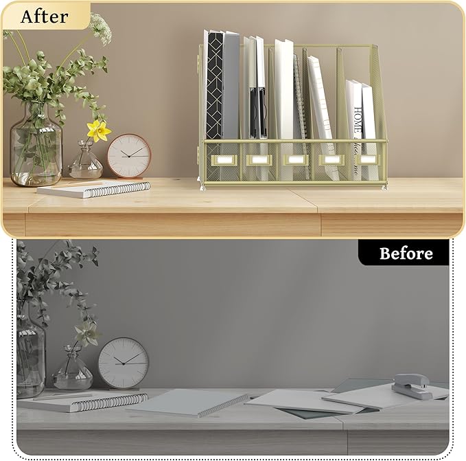 SUPEASY Desk Organizers Metal Desk Magazine File Holder with 5 Vertical Compartments Rack File Organizer for Office Desktop, Home Workspace, Golden Yellow