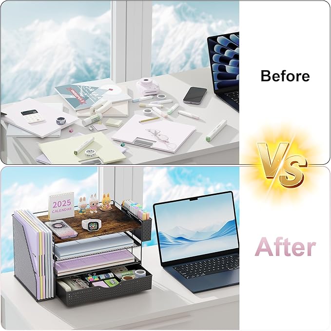 Wood Desk Organizers and Accessories with File Holder, 4-Tier Desk Accessories & Workspace Organizers with Drawer and Pen Holder, Paper Organizer for Office Supplies (Wood)