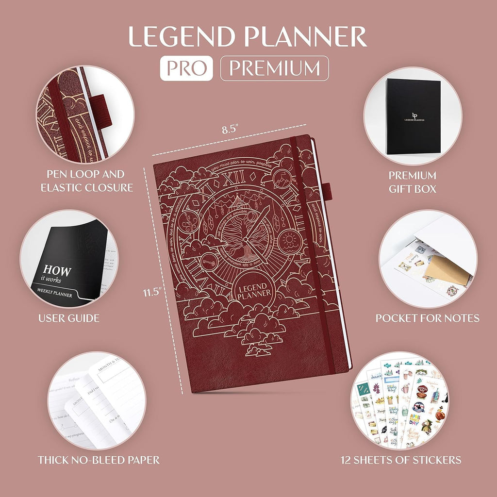 Legend Planner PRO Premium – Large Undated Weekly, Monthly & Budget Planner with Habit Tracker – Life Organizer for Time & Task Management, Goal Setting & Productivity – A4 size (Wine Red)