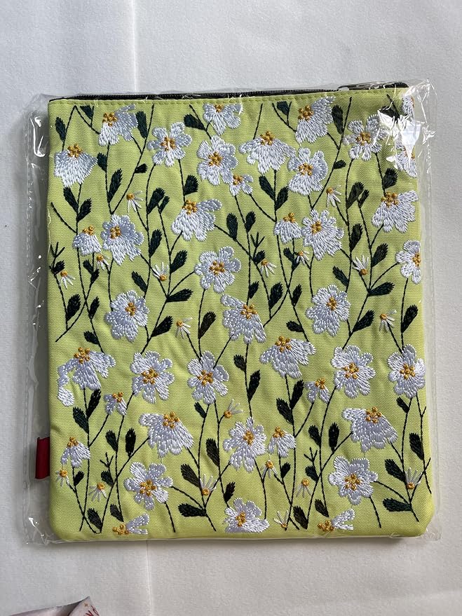 LParkin Daisy Flower Embroidery Book Sleeve with Zipper for Readers Protector Cover Gift for Book Lovers, 11x 8.5 Inch Washable Fabric, Daisy White(White)
