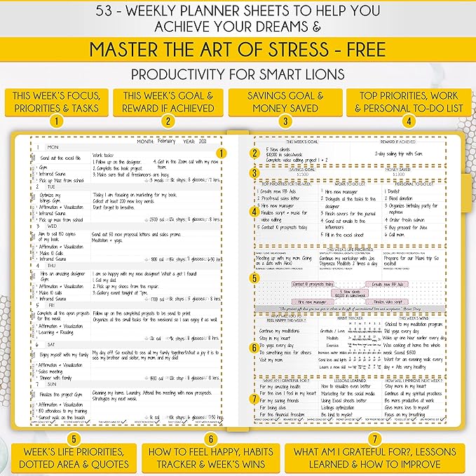 Life Planner - Undated Daily, Weekly & Monthly Planner with Budget Section | A 12 Month Journey to Increase Productivity & Happiness | Life Organizer & Gratitude Journal - Horizontal Format