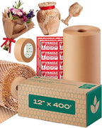 Honeycomb Packing Paper | Extra Thick 90 GSM Packing Wrap | Biodegradable Packing Materials: 12” x 400’ Moving Paper + 195’ Cellulose Adhesive Tape + 30 Fragile Stickers | Paper Bubble Wrap