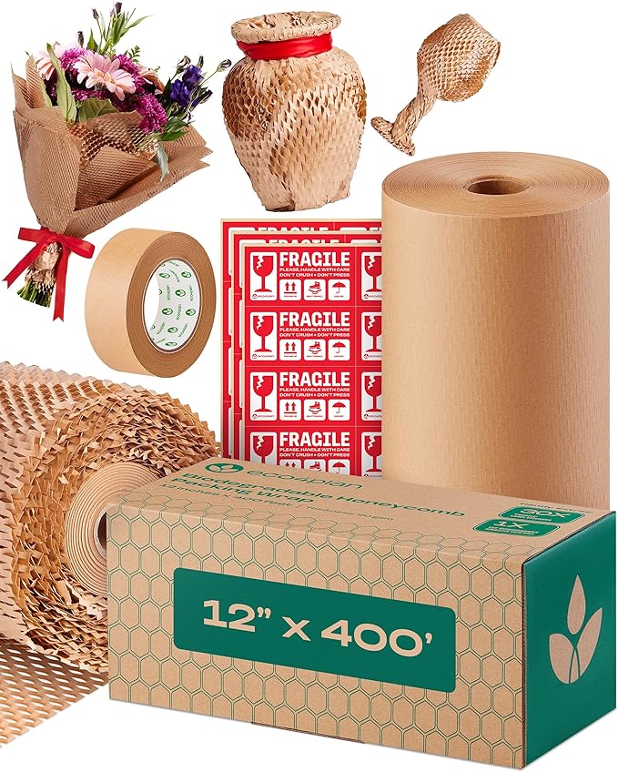 Honeycomb Packing Paper | Extra Thick 90 GSM Packing Wrap | Biodegradable Packing Materials: 12” x 400’ Moving Paper + 195’ Cellulose Adhesive Tape + 30 Fragile Stickers | Paper Bubble Wrap