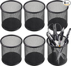 QYH Mesh Pen Cup Metal Pencil Holder for Desk 6 Packs Black Pen Organizer Office 3.54x3.93 Inch