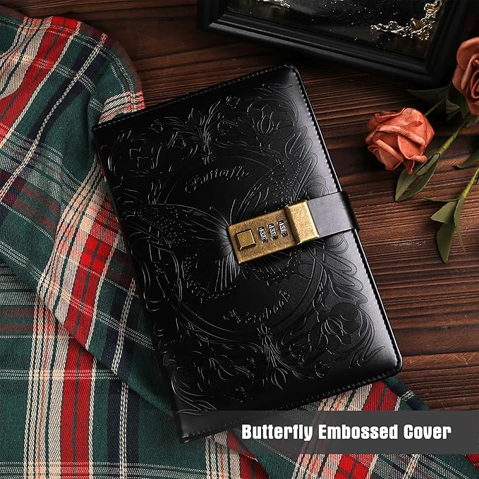 TIEFOSSI Diary with Lock for Women Girls, Lined Locked Journal, Butterfly Journal Notebook with Pen and Bookmark, A5 Refillable Locking Journals for Writing, 224 Numbered Pages
