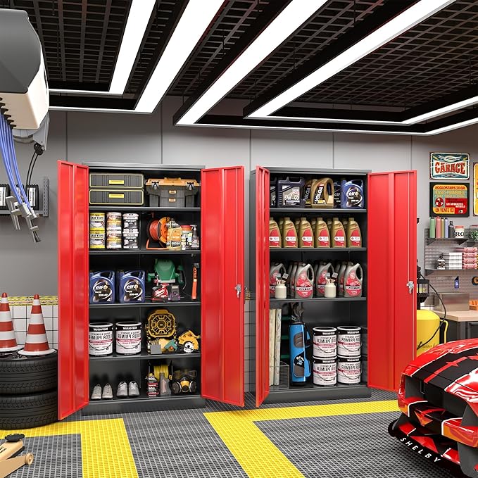 Greenvelly Metal Garage Storage Cabinet with Lock, 72" Metal Storage Cabinet with 2Doors and 4Adjustable Shelves, for Home Office, School,Gym (Black&Red)