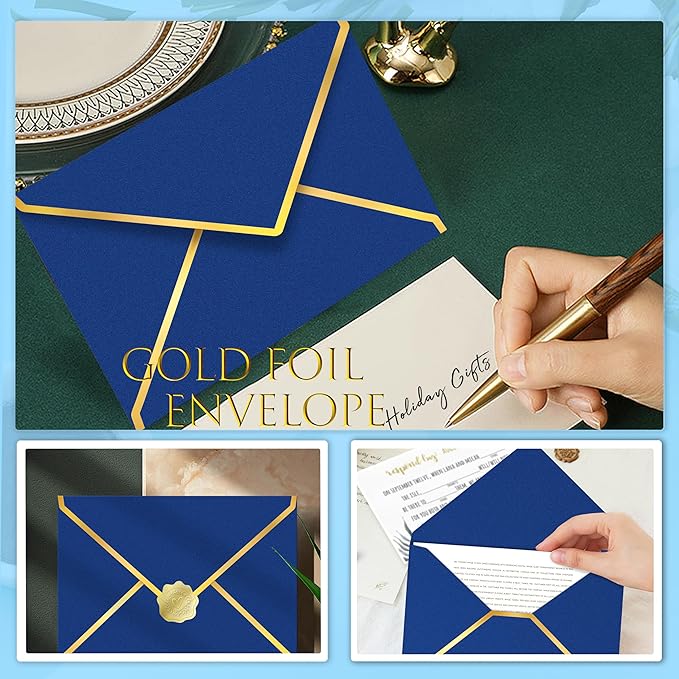 60 Pack Gold Envelopes 5x7 Royal Blue, 250G Pearled Cardstock A7 Envelopes for Invitations Business Mailing Envelope with Gold Foil Border, A6 4x6 Envelopes for Wedding Baby Shower Cards