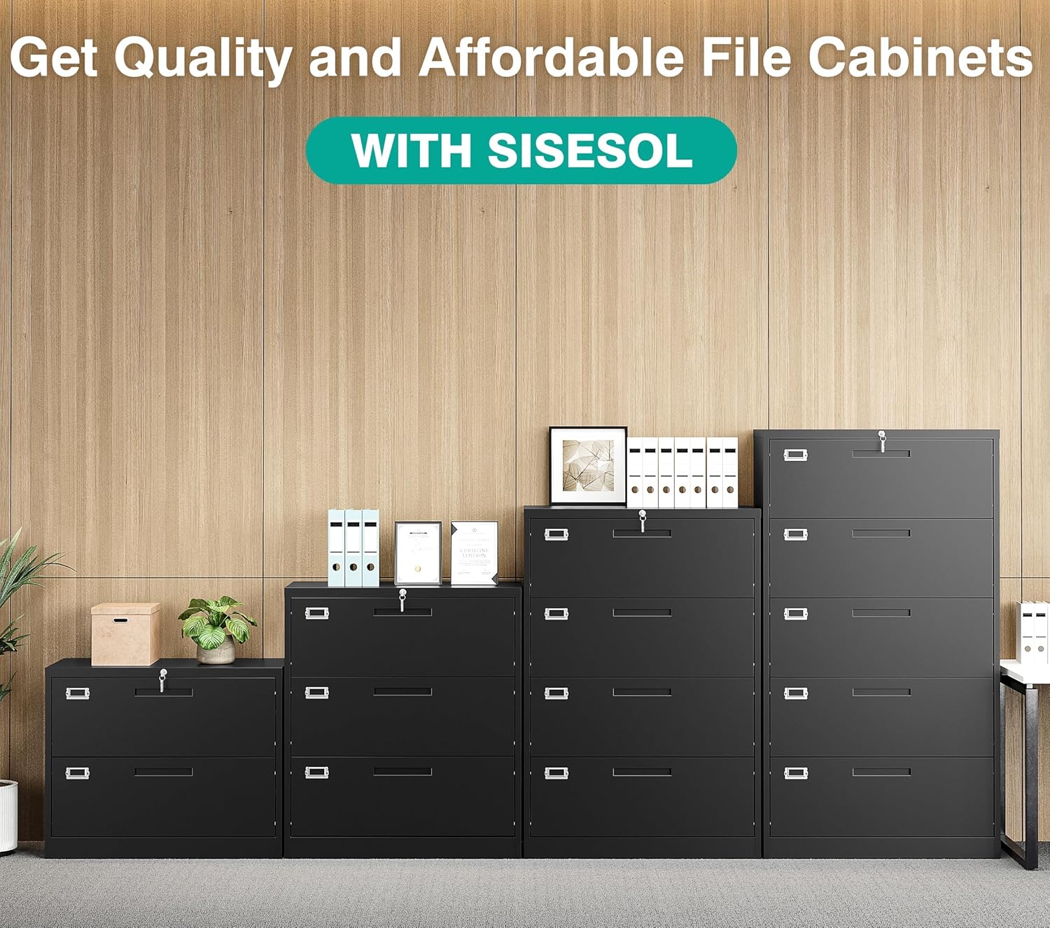 SISESOL 3 Drawer Lateral File Cabinet with Lock,Black Lateral Filing Cabinet,Horizontal Metal Filing Cabinets,Locked Wide Three Drawer File Cabinets for Office Home,Fit A4/F4/Letter/Legal File