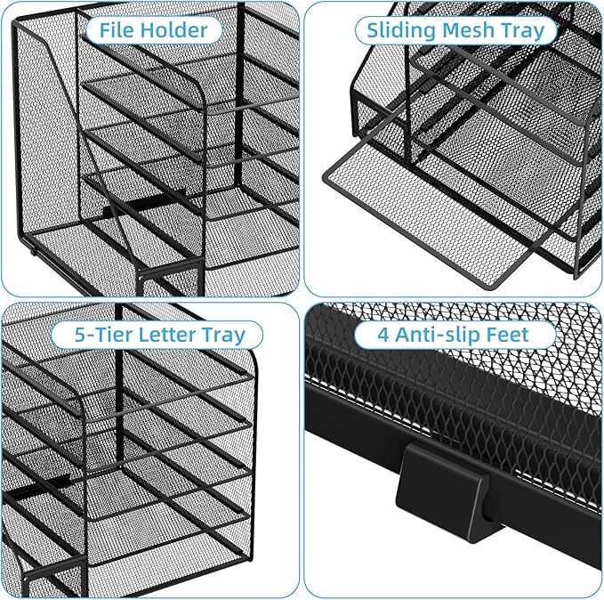 Marbrasse Desk Organizers and Accessories, 5-Tier Paper Letter Tray Organizer with File Holder, Mesh File Organizer, Office Desk Accessories & Organization for Supplies (Black)
