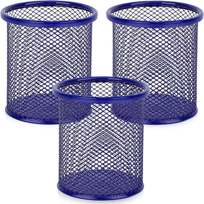 Segarty Pen Cup, 3 Pack Round Cute Dark Blue Pen Holder for Desk, Wire Mesh Pencil Holder Container Set, Desktop Organizer for Office Supplies, Maker, School, Home Storage, Makeup Brush