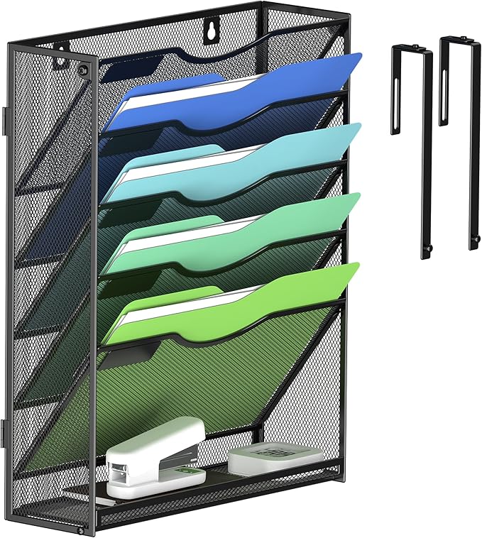 Kuntine.B Wall File Organizer Office Hanging Magazine Holder Wall File Organizer for Office Home (Black, 6 Tier & Hangers)