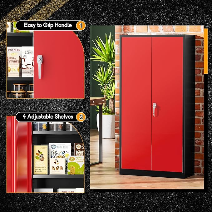 Greenvelly Metal Garage Storage Cabinet with Lock, 72" Metal Storage Cabinet with 2Doors and 4Adjustable Shelves, for Home Office, School,Gym (Black&Red)