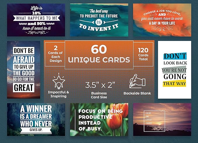Better Office Products Motivation Inspiration Affirmation Cards, 120 Pack, 2 Each of 60 Unique Assorted Designs, Encouragement Card Deck, 2" x 3.5" (Business Card Size)