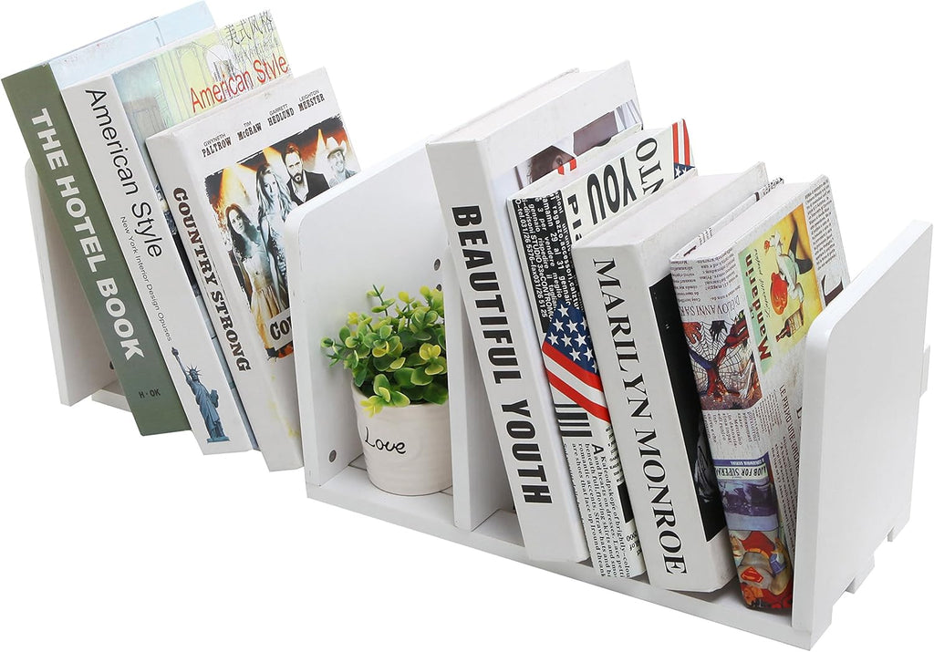 MyGift White Wood Desktop Bookshelf Organizer, Expandable Adjustable Display Shelf Book Rack