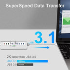 Powered USB Hub 10Gbps, 10 Port USB 3.1 Gen 2 Hub with 7 USB 3.1 Data Ports, 3 Fast Charging Ports, 36W Power Adapter, Type A and Type C Cable, Aluminum USB Data Hub for Mac, PC, Laptop