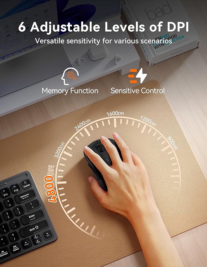 TECKNET Bluetooth Mouse, [ USB + BT1 + BT2 ] Wireless Mouse for Laptop, Silent Click, Full-Size, 4800 DPI Computer Mice Wireless, Dual Mode for Laptop, Computer, iPad, MacBook