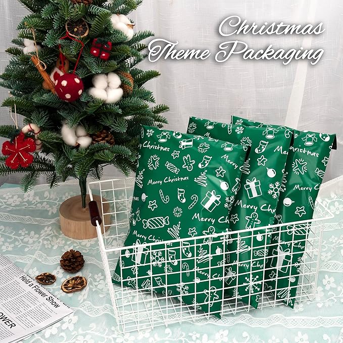 Christmas Poly Mailer - 14.5x19 Inch, 50 Waterproof Tear-Resistant Self-Seal Bags - Green Merry Christmas