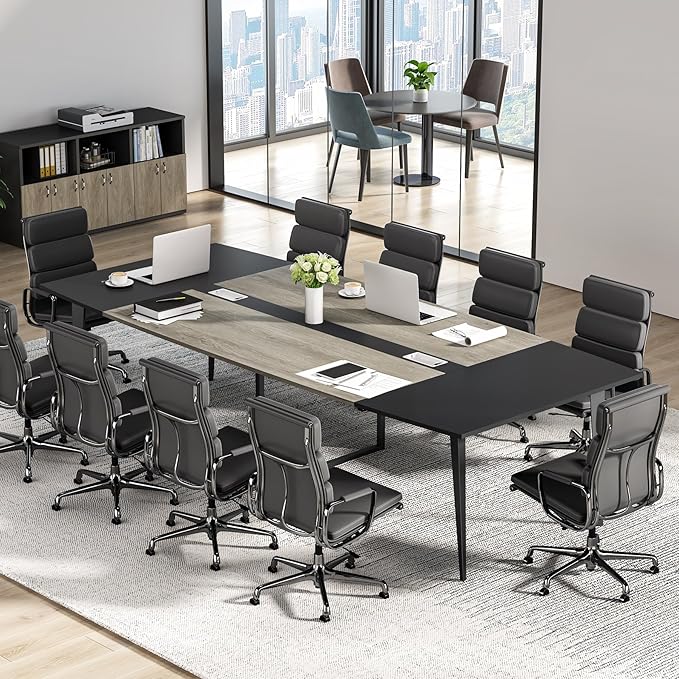 Tribesigns 8FT Conference Table, 94.48L x 47.21W x 29.52H Inches Boat Shaped Meeting Table with Rectangle Grommet, Modern Seminar Boardroom Table for Office Conference Room (Grey & Black, 8ft)