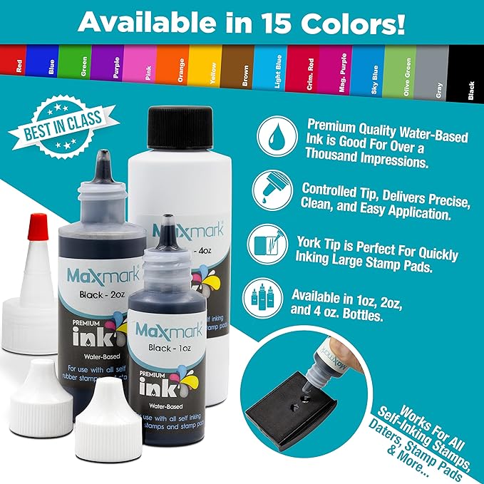 MaxMark Premium Refill Ink for self Inking Stamps and Stamp Pads, Sky Blue Color - 4 oz.