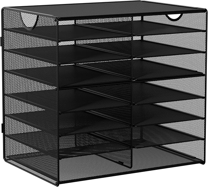 EasyPAG 14-Slot Mesh Desk File Organizer with Handle, Metal Frame Paper Tray for Classroom/Office/Home - Easy Assembly, Durable Tiered Sorter & A4/Letter Size, Black