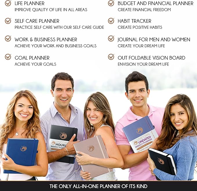 Hourly Planner - Undated Daily, Weekly & Monthly Planner with Budget Section | A 12 Month Journey to Increase Productivity & Happiness | Life Organizer & Gratitude Journal - Vertical Format