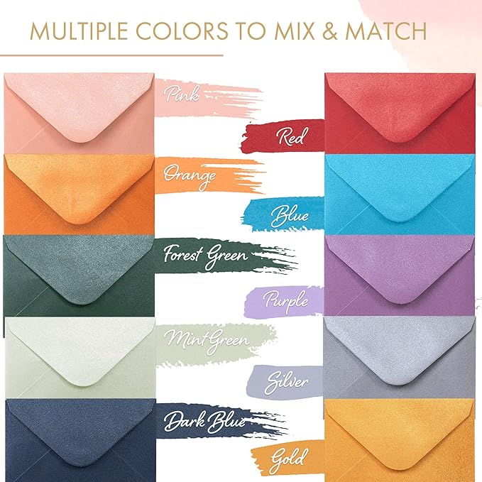 Gift Card Envelopes - 100-Count Mini Envelopes, Paper Business Card Envelopes, Bulk Tiny Envelope Pockets, 10 Metallic Colors, 4 x 2.7 Inches