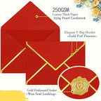 60 Pack Gold Envelopes 5x7 Bluk Red, 250G Pearled Cardstock A7 Envelopes for Invitations Business Mailing Envelope with Gold Foil Border, A6 4x6 Envelopes for Wedding Baby Shower Cards
