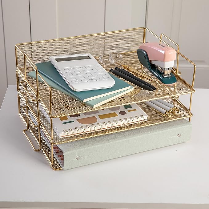 Martha Stewart Ryder 3 Tier Desk Letter Tray Organizer, Stackable Steel Mesh Inbox Tray for Files, Papers, or Letters, Gold