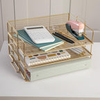Martha Stewart Ryder 3 Tier Desk Letter Tray Organizer, Stackable Steel Mesh Inbox Tray for Files, Papers, or Letters, Gold