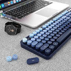 Wireless Keyboard and Mouse Combo, Ergonomic Full Size Typewriter Retro Round Keycaps Keyboard, Compatible with Windows, PC, Perfer for Home and Office Keyboards (Twilight Blue