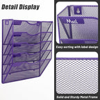 EASEPRES 5 Pocket Mesh Hanging Wall File Organizer, Wall Mounted Mail Paper Document Folder Holder, Clipboard Storage Organization Magazine Rack with Nametag Label for Office Home School, Purple
