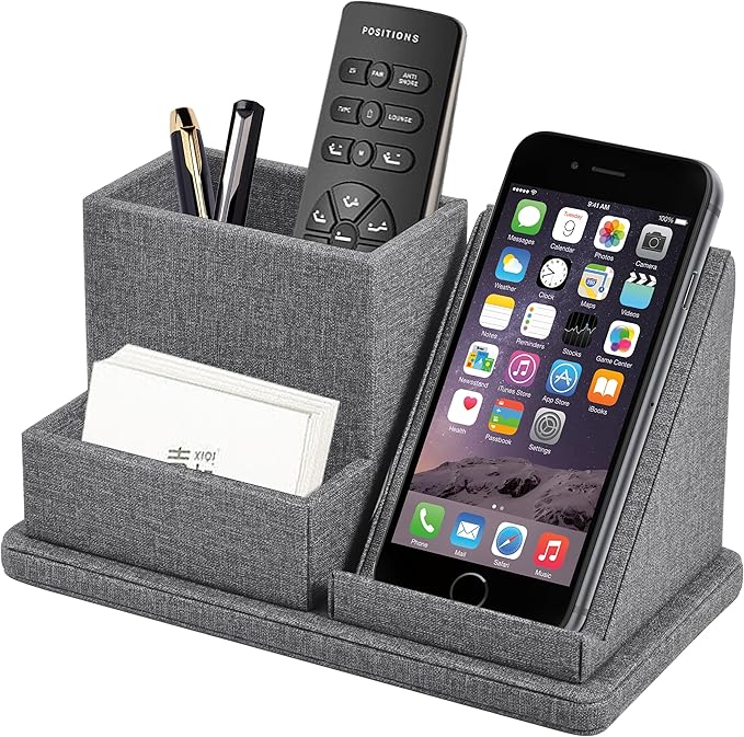 Multi-Function Pen/Pencil Holder-Linen Leathe Excellent Cell Phone Touch Screen Solution Holde-Business Card Holder/Sticky Note Tray,Desk Organizer for Office Supplies,Desktop Caddy,Grey