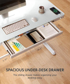 SANODESK Standing Desk with Drawer, Electric Height Adjustable Home Office Desk with Storage & USB Ports, 48 inch Tempered Glass Tabletop/White Frame