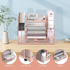 SUPEASY Mesh Desk Organizer with File Holder, 5-Tier Paper Letter Tray Organizer with Magazine Holder, Desktop Organizer and Storage with Drawer for Office Supplies Home or School, Rose Gold