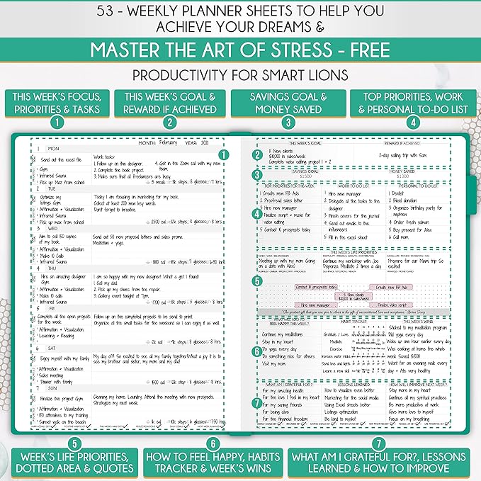 Life Planner - Undated Daily, Weekly & Monthly Planner with Budget Section | A 12 Month Journey to Increase Productivity & Happiness | Life Organizer & Gratitude Journal - Horizontal Format