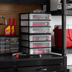 IRIS USA Plastic Stacking Desk Top 3-Drawer Storage Organizer, 2-Pack, for Makeup Vanity Nail Polish Bathroom Stationery Art Craft Supplies Kitchen Office Garage and Small Organization, Medium, Black