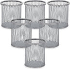 Segarty Pen Holder for Desk, 6 Pack Round Silver Pen Holder, Wire Mesh Pencil Cup Containers Set, Desktop Organizer for Office Supplies, School Classroom, Home, Makeup Brush