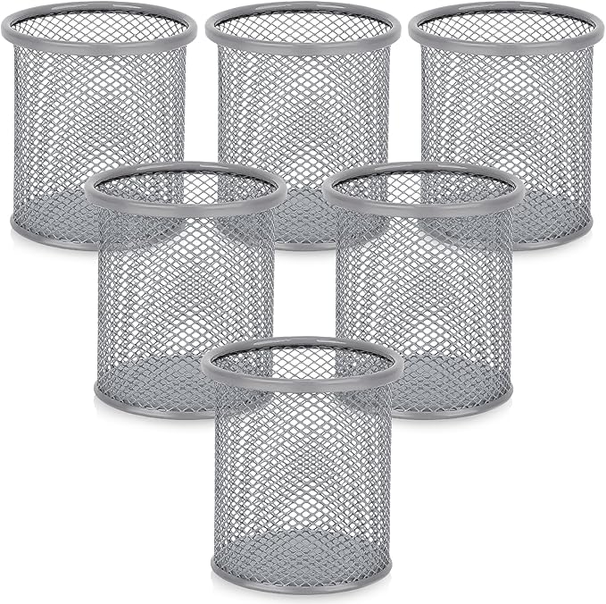 Segarty Pen Holder for Desk, 6 Pack Round Silver Pen Holder, Wire Mesh Pencil Cup Containers Set, Desktop Organizer for Office Supplies, School Classroom, Home, Makeup Brush