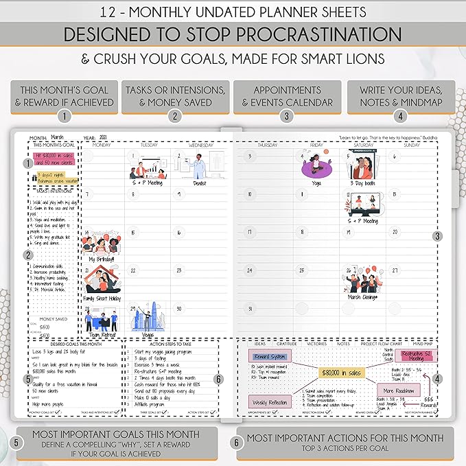Life Planner - Undated Daily, Weekly & Monthly Planner with Budget Section | A 12 Month Journey to Increase Productivity & Happiness | Life Organizer & Gratitude Journal - Horizontal Format