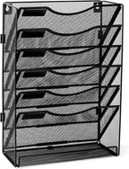EasyPAG 7 Tier Wall File Holder with Flat Tray, Black | Easy Assemble Mesh Desk File Organizer | 6-Folder Paper Storage | Replaceable Classify Labels | Space Saving Mail Organizer for Office Home