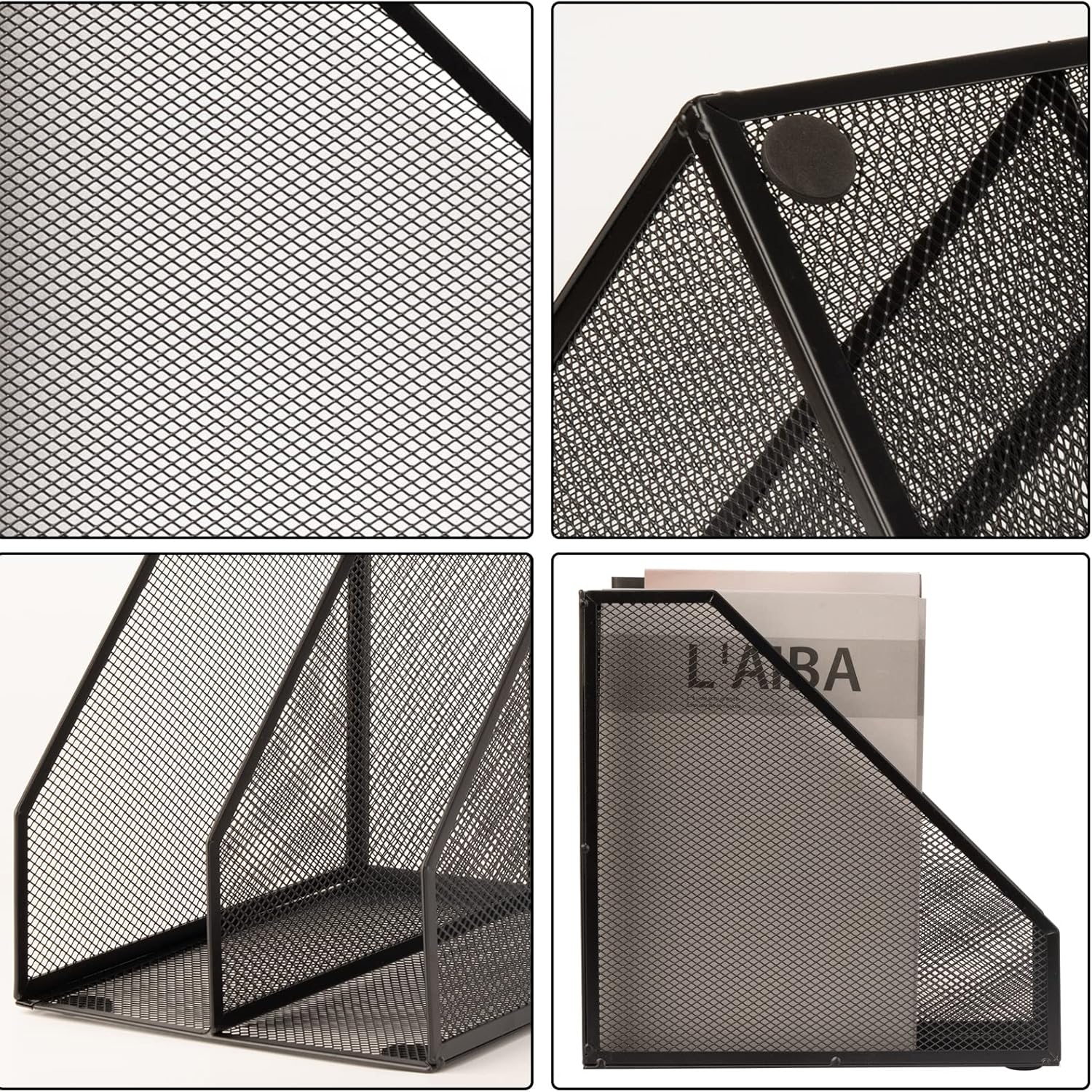 2 Set Magazine Holder Metal Wire, 2 Compartments Mesh File Holder for Desk, Office Desk Accessories Decorative File Box, Black